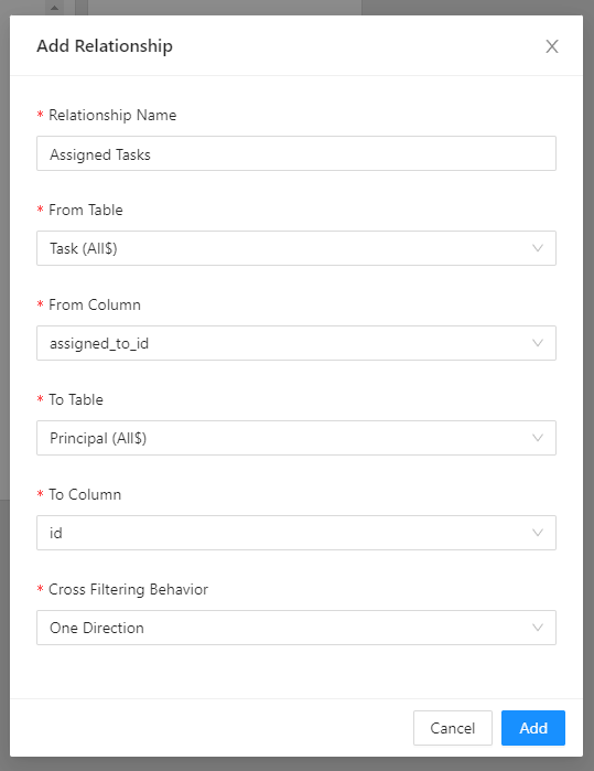 Add relationship with fields filled out as described below